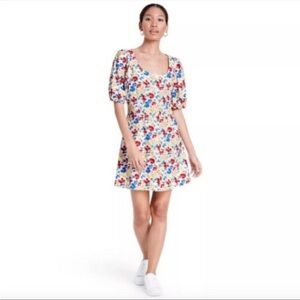 Rixo Floral Button Mini Short Puff Sleeve Dress‎ White Pink 4
